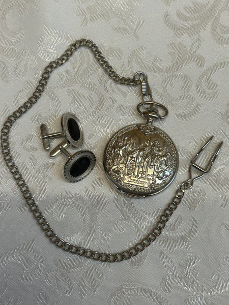 „Silberne Taschenuhr mit Cowboy-Motiv und Kette – Trend Design Quarz“