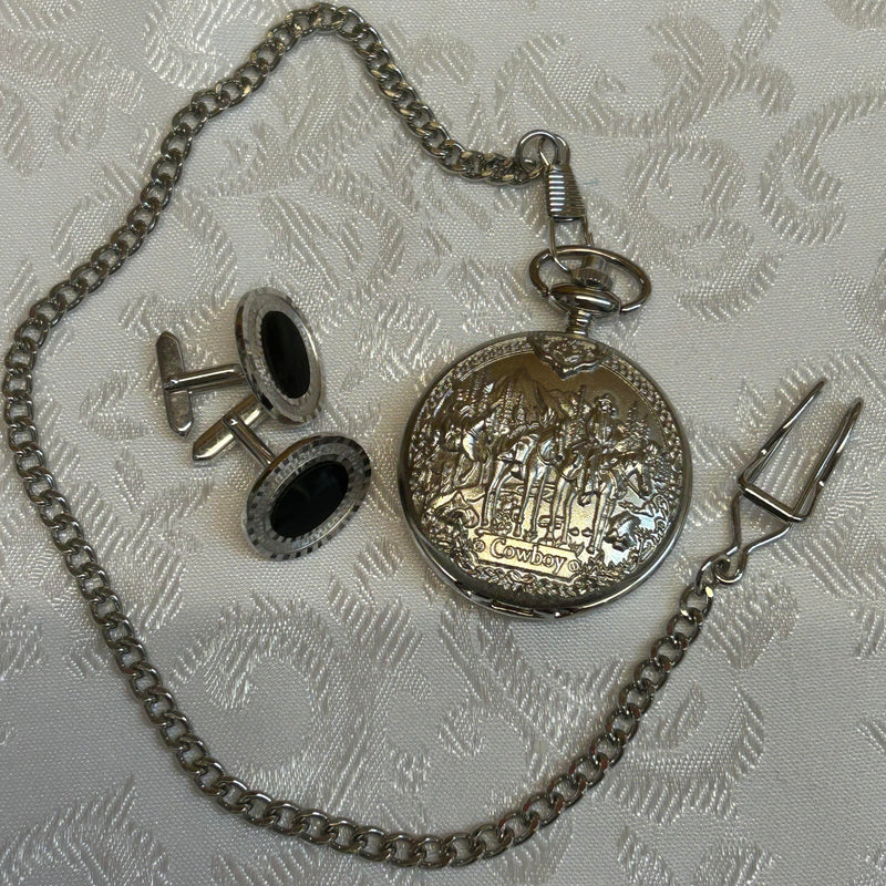 „Silberne Taschenuhr mit Cowboy-Motiv und Kette – Trend Design Quarz“
