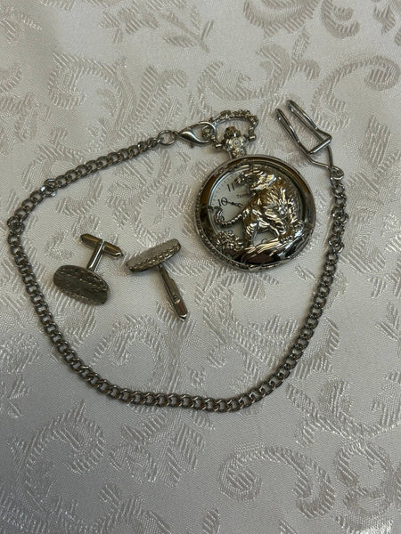 „Taschenuhr-Set mit ovalen Manschettenknöpfen in Strukturdesign, silberfarben“