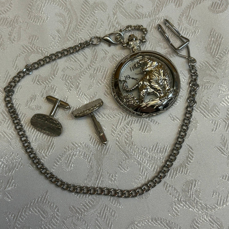 „Taschenuhr-Set mit ovalen Manschettenknöpfen in Strukturdesign, silberfarben“