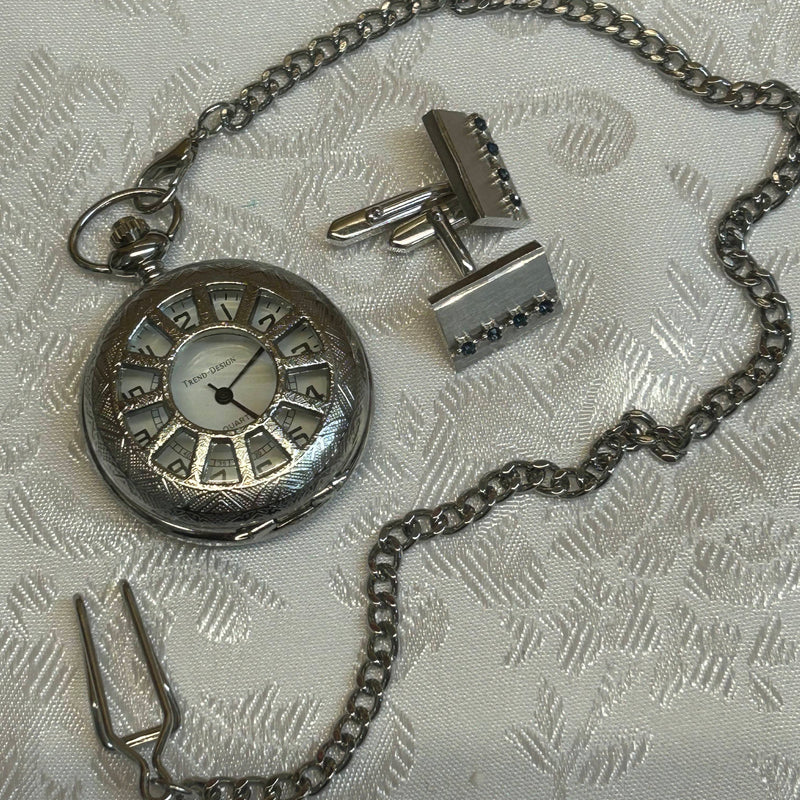 „Taschenuhr-Set mit Manschettenknöpfen und blauen Steinen, silberfarben“