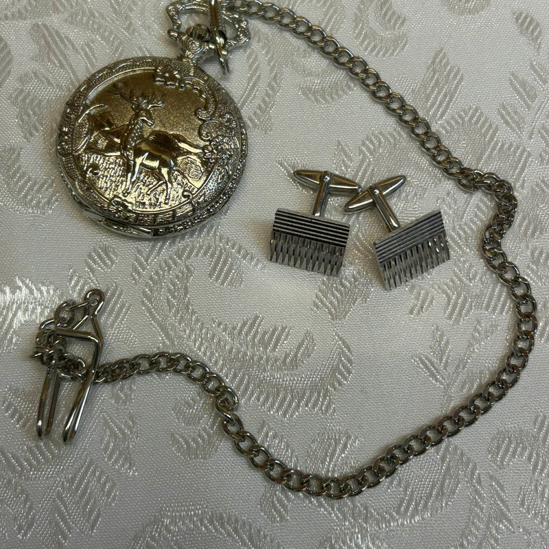 „Silberne Taschenuhr mit Hirschmotiv und Kette – Trend Design Quarz“