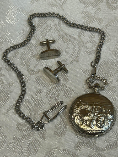 „Taschenuhr-Set mit silberfarbenen Manschettenknöpfen, neu“