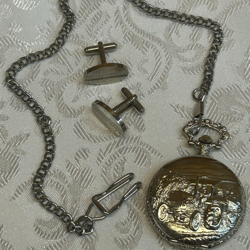 „Taschenuhr-Set mit silberfarbenen Manschettenknöpfen, neu“