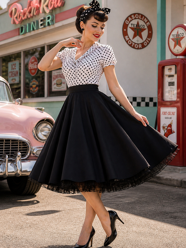 „Schwarzer Tellerrock im 50er Jahre Rockabilly Stil am Model getragen, schwingender Vintage Petticoat Look elegant in Bewegung“