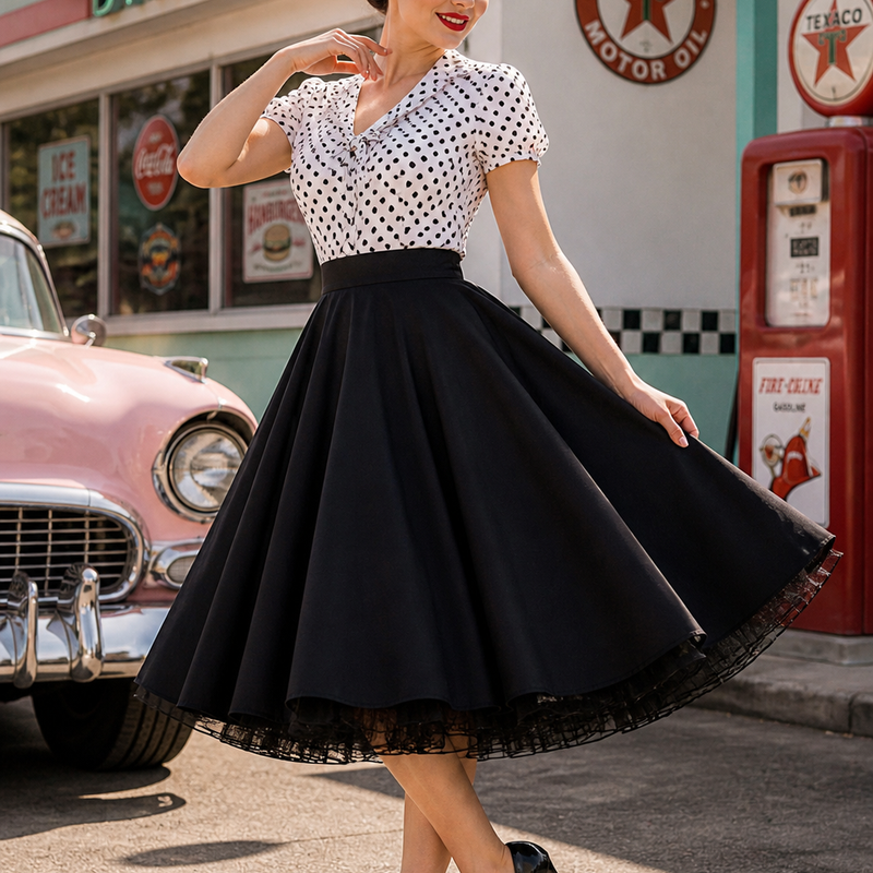 „Schwarzer Tellerrock im 50er Jahre Rockabilly Stil am Model getragen, schwingender Vintage Petticoat Look elegant in Bewegung“
