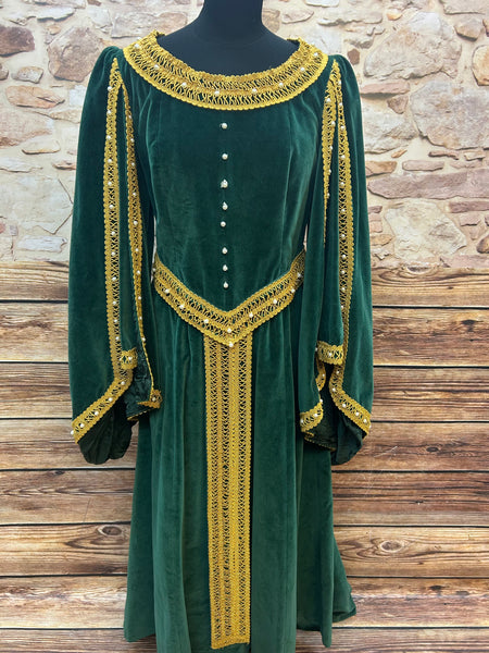 Mittelalterliche Kleid in Samt: Vintage Damen Gewand Gr. 44, grün mit goldener Borte