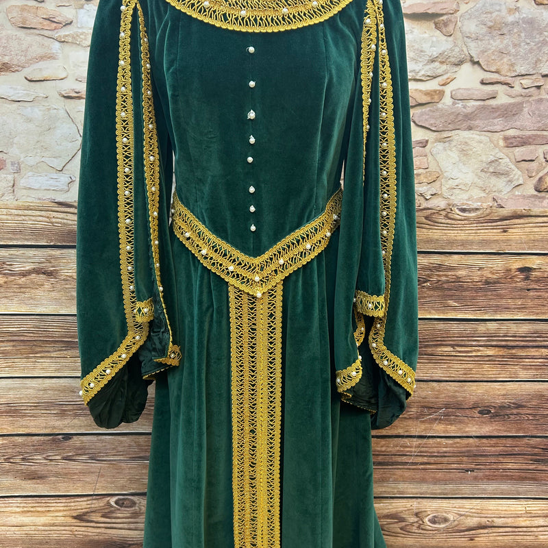 Mittelalterliche Kleid in Samt: Vintage Damen Gewand Gr. 44, grün mit goldener Borte
