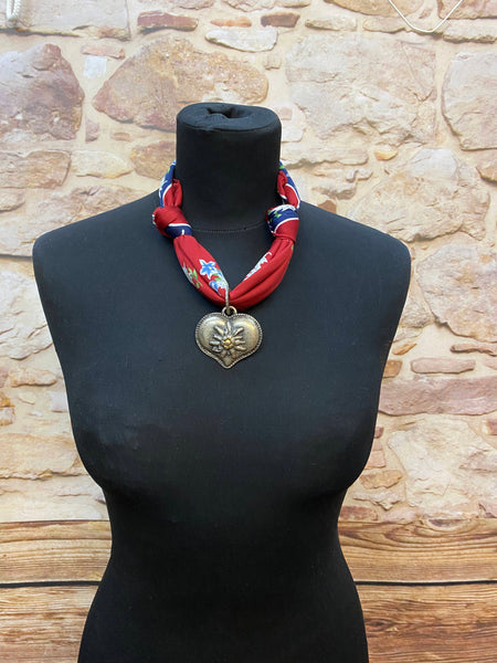 „Vintage Trachten Halstuch rot blau mit Edelweiß Herz Anhänger für Dirndl“
