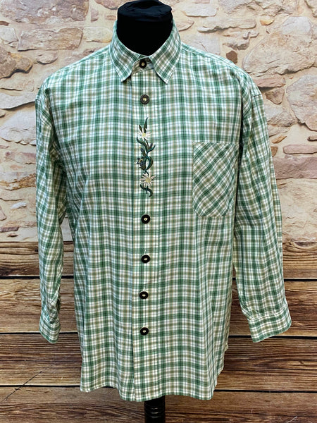 „Grün kariertes Trachtenhemd mit Edelweiß-Stickerei vorne“