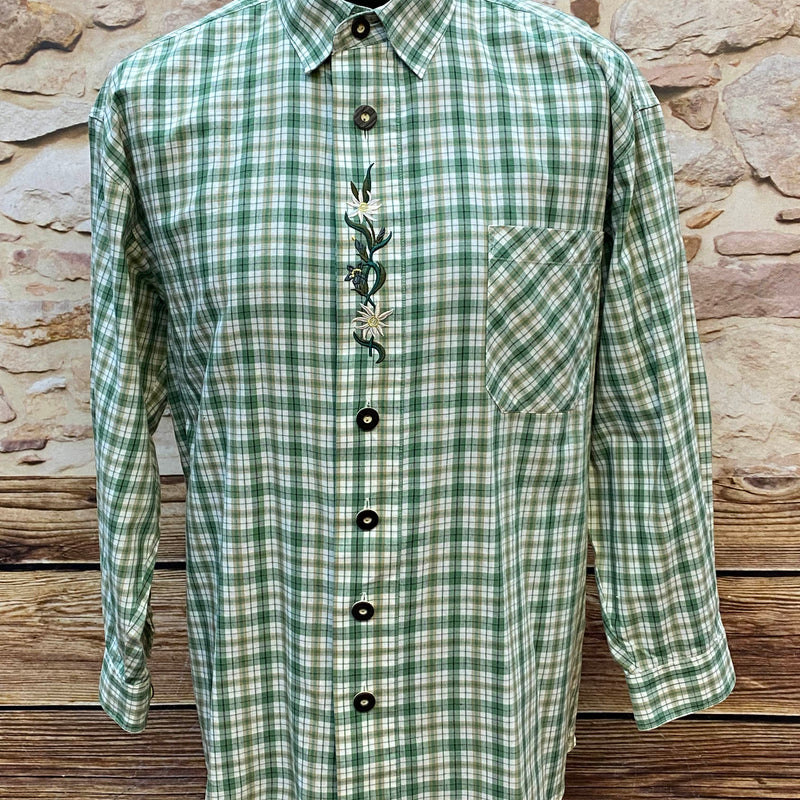 „Grün kariertes Trachtenhemd mit Edelweiß-Stickerei vorne“