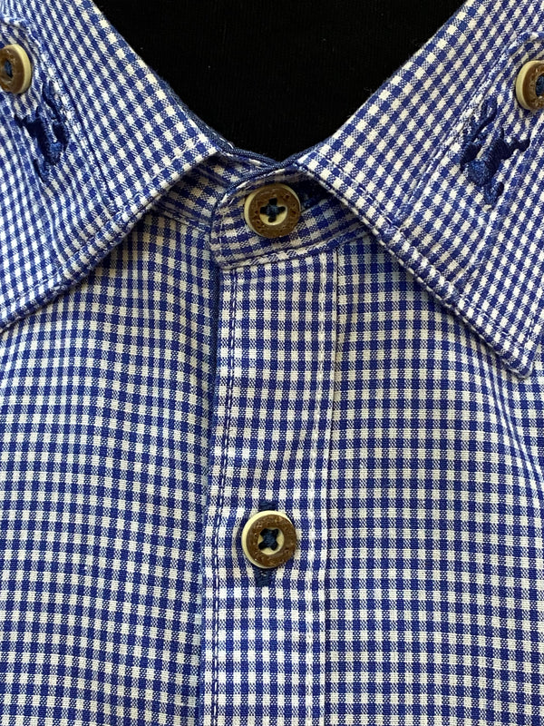 Trachtenhemd - blau kariert mit Hirschmotiv – Größe S – Baumwollmix
