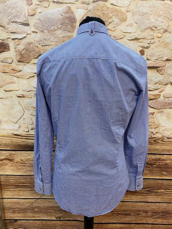 Trachtenhemd - blau kariert mit Hirschmotiv – Größe S – Baumwollmix