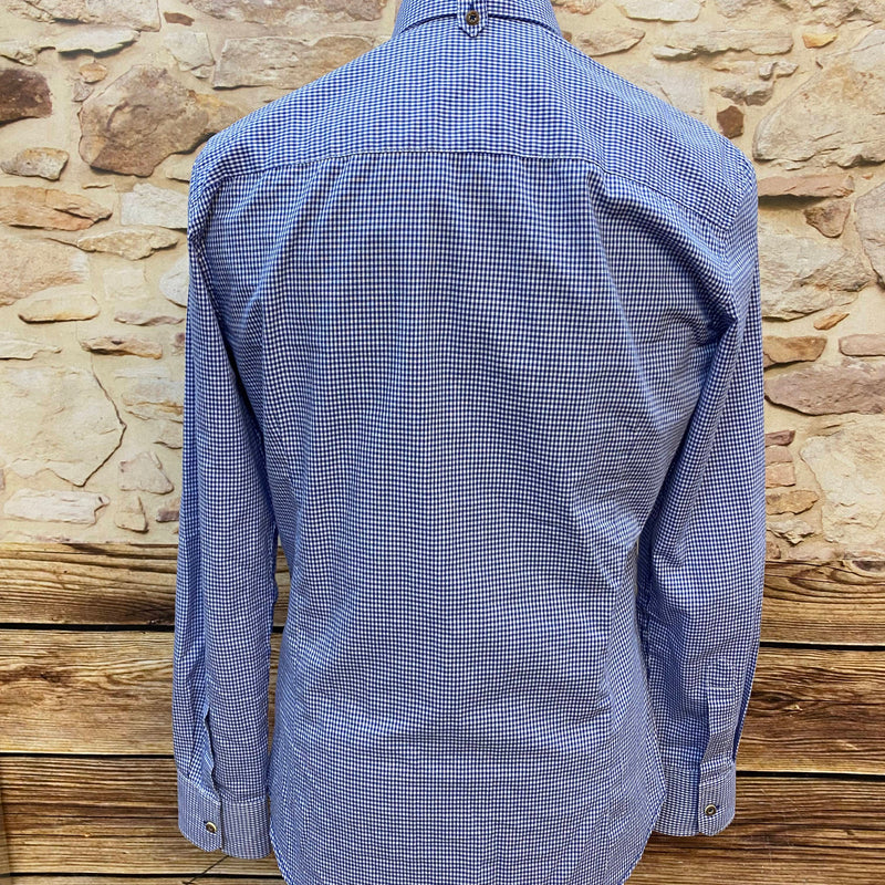 Trachtenhemd - blau kariert mit Hirschmotiv – Größe S – Baumwollmix