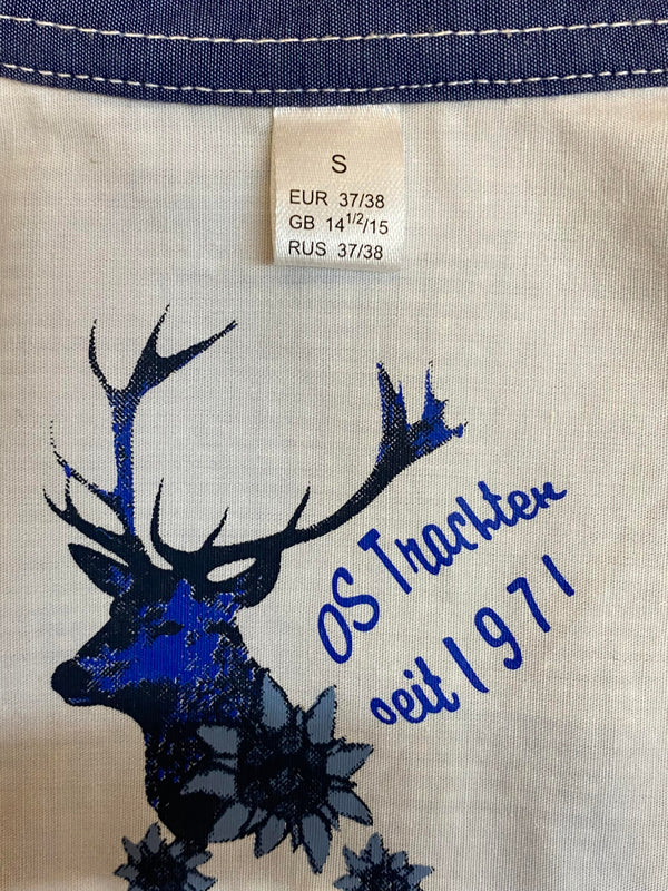 Trachtenhemd - blau kariert mit Hirschmotiv – Größe S – Baumwollmix