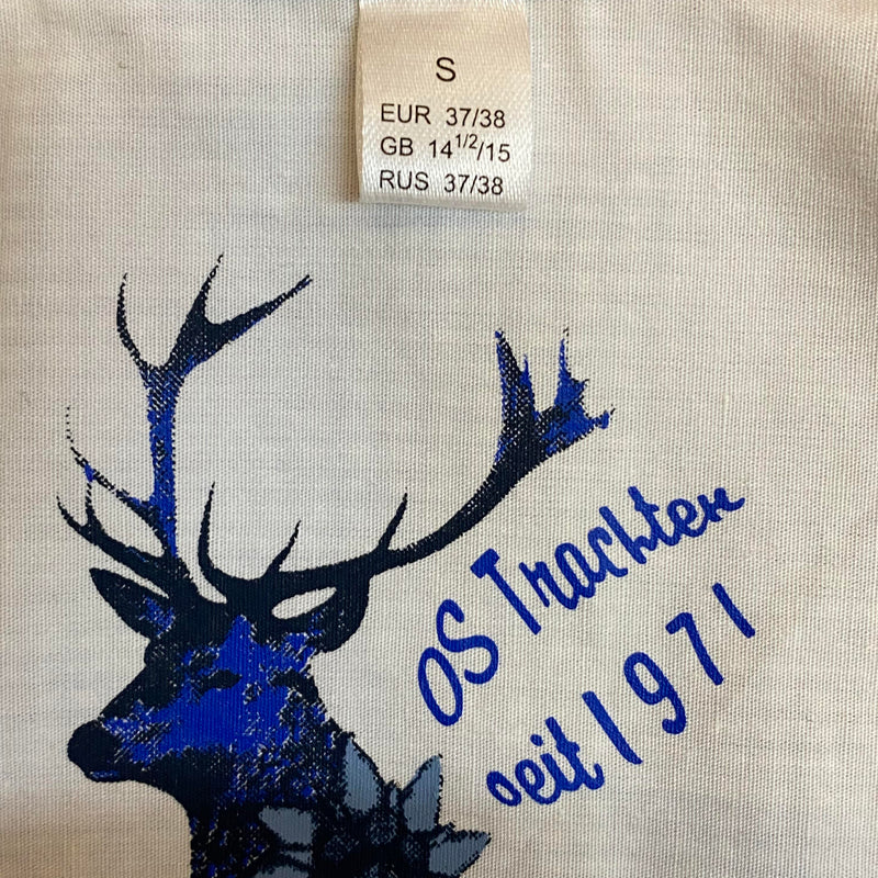 Trachtenhemd - blau kariert mit Hirschmotiv – Größe S – Baumwollmix