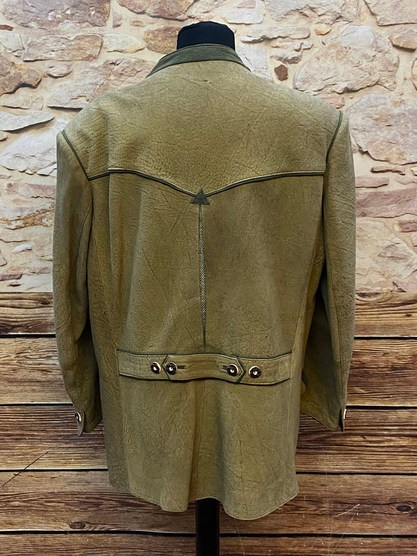 Vintage Trachten Lederjacke Herren Olivgrün mit Stickerei – Größe 58, Ansicht 4