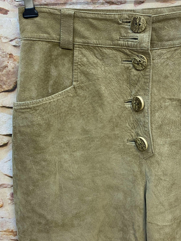 Vintage Damen Trachtenlederhose Gr. 40 in Beige-Oliv mit Knopfleiste und Schnürung – Ansicht 2