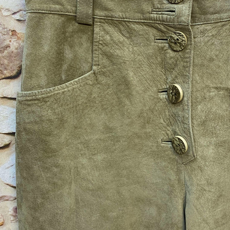 Vintage Damen Trachtenlederhose Gr. 40 in Beige-Oliv mit Knopfleiste und Schnürung – Ansicht 2