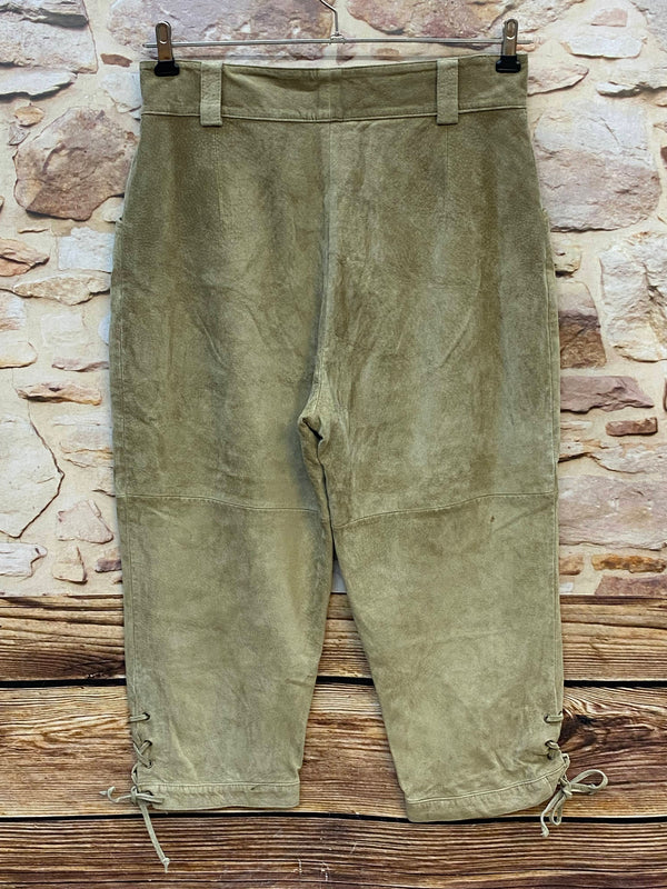 Vintage Damen Trachtenlederhose Gr. 40 in Beige-Oliv mit Knopfleiste und Schnürung – Ansicht 4