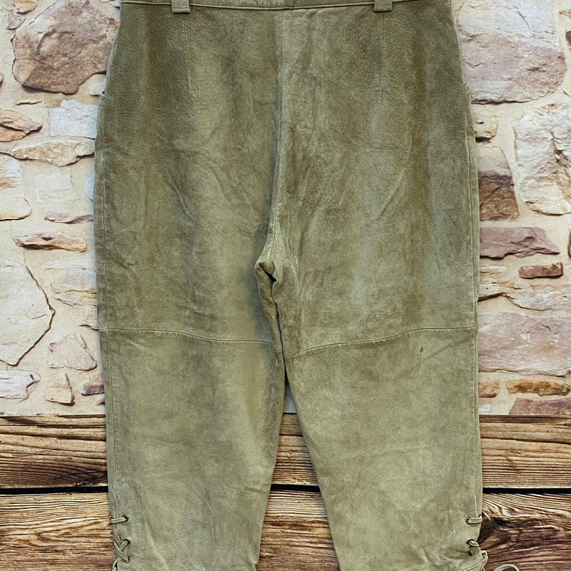 Vintage Damen Trachtenlederhose Gr. 40 in Beige-Oliv mit Knopfleiste und Schnürung – Ansicht 4