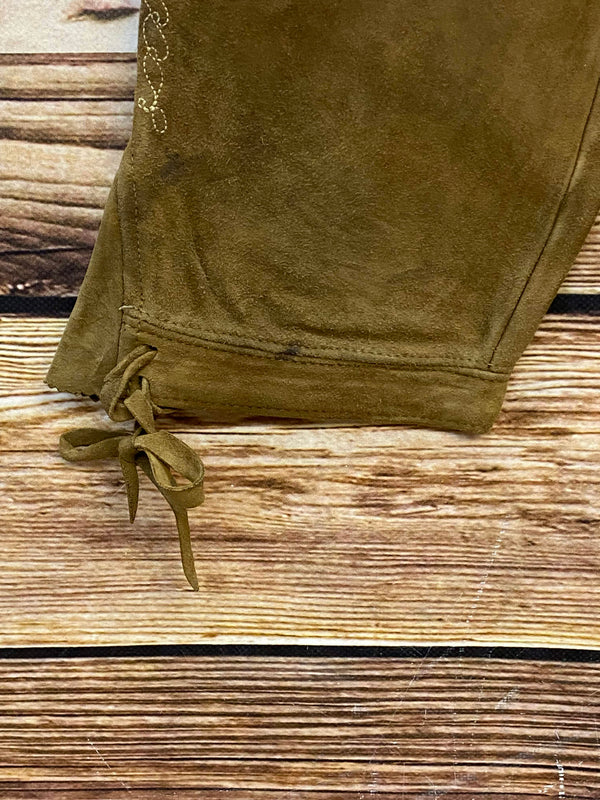 Vintage Damen Trachtenlederhose Gr. 40 in Braun mit heller Stickerei und Schnürung – Ansicht 3