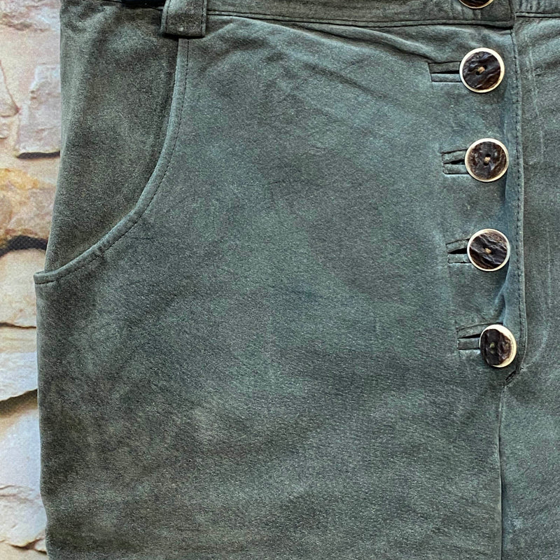 Vintage Damen Trachtenlederhose Gr. 44 aus echtem olivgrünem Schweinsleder von Alphorn Trachtenmode mit Knopfleiste, Ansicht 1