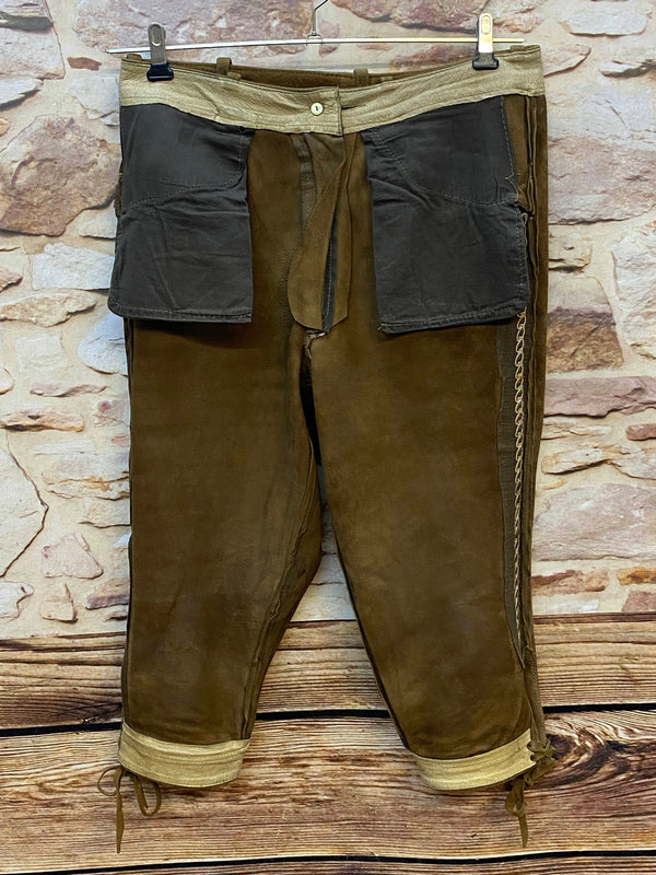 Vintage Damen Trachtenlederhose Gr. 40 in Braun mit heller Stickerei und Schnürung – Ansicht 5