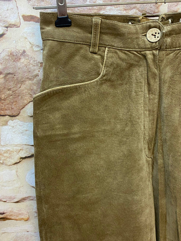 Vintage Damen Trachtenlederhose Gr. 40 von Landhaus in Braun-Oliv aus Nubukleder – Ansicht 2