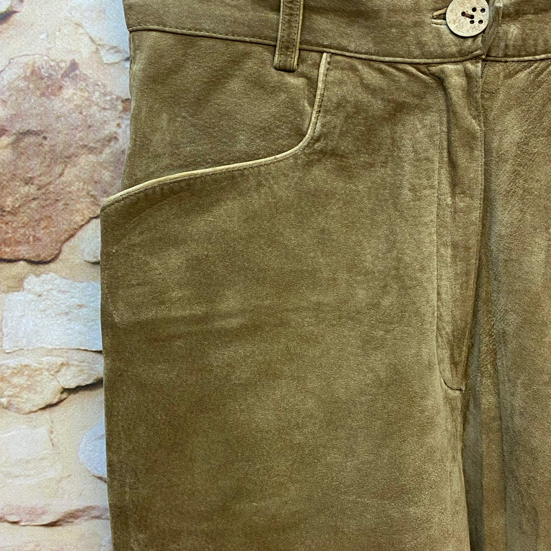 Vintage Damen Trachtenlederhose Gr. 40 von Landhaus in Braun-Oliv aus Nubukleder – Ansicht 2