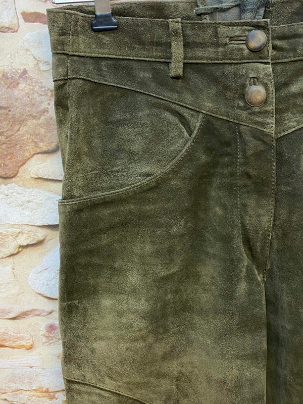 Damen Trachtenlederhose 3/4 Gr. 40 in Olivgrün aus Rauleder mit Schnürung – Ansicht 2