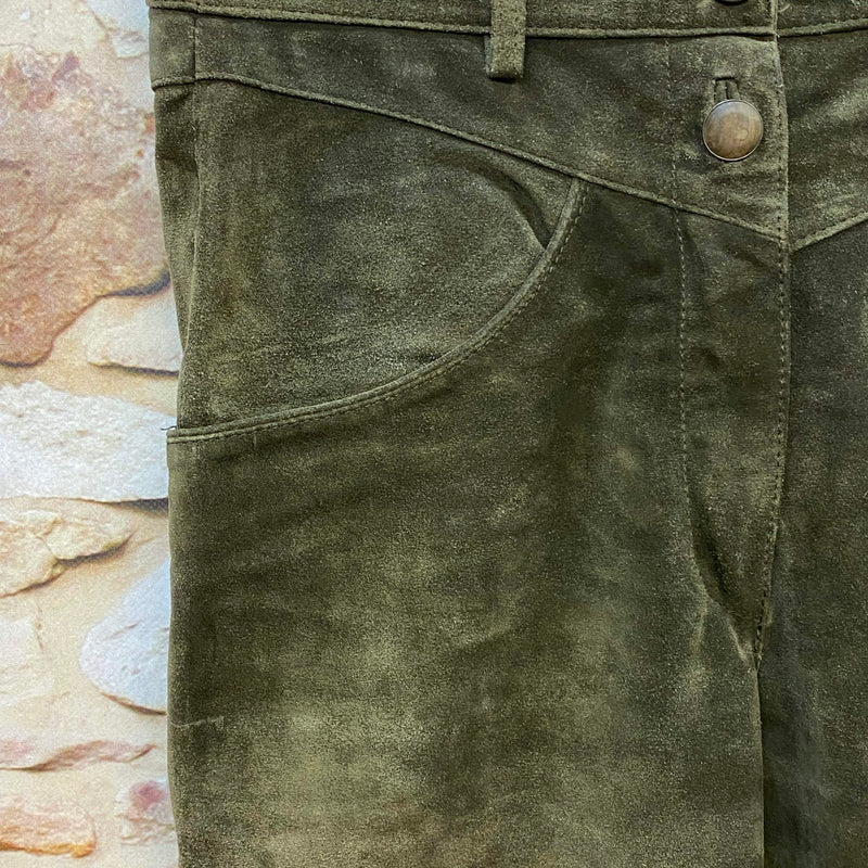 Damen Trachtenlederhose 3/4 Gr. 40 in Olivgrün aus Rauleder mit Schnürung – Ansicht 2