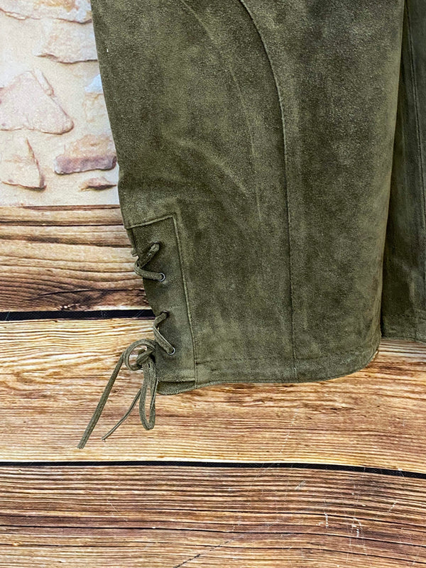 Damen Trachtenlederhose 3/4 Gr. 40 in Olivgrün aus Rauleder mit Schnürung – Ansicht 3