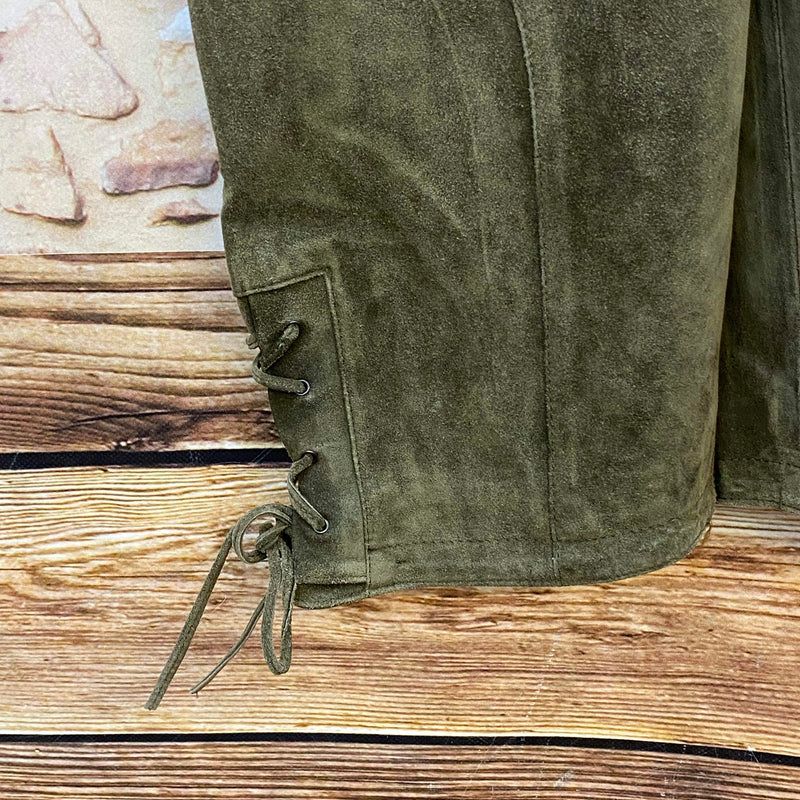 Damen Trachtenlederhose 3/4 Gr. 40 in Olivgrün aus Rauleder mit Schnürung – Ansicht 3