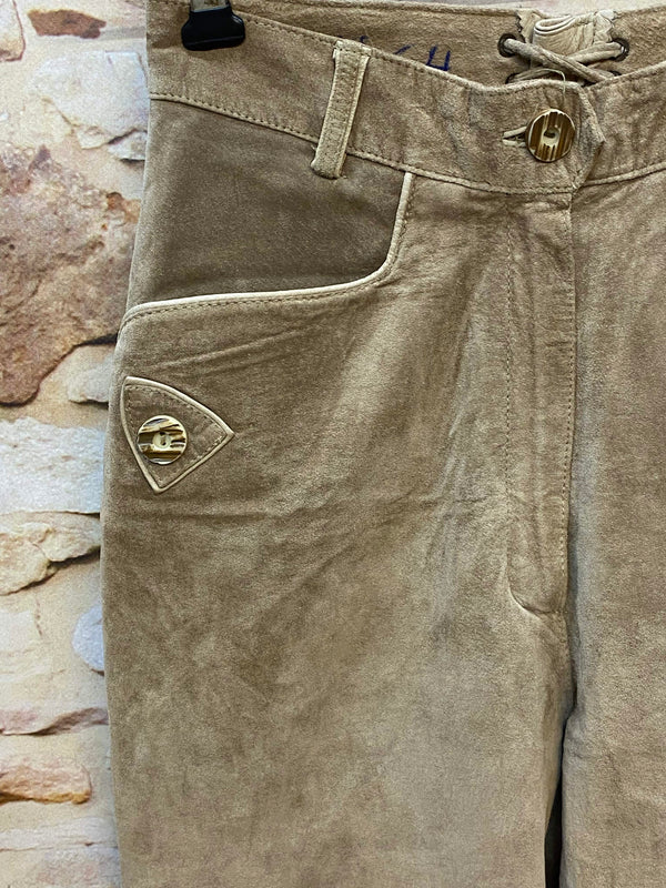 Damen Trachtenlederhose Kniebund Gr. 38 – beige aus Schweinsveloursleder