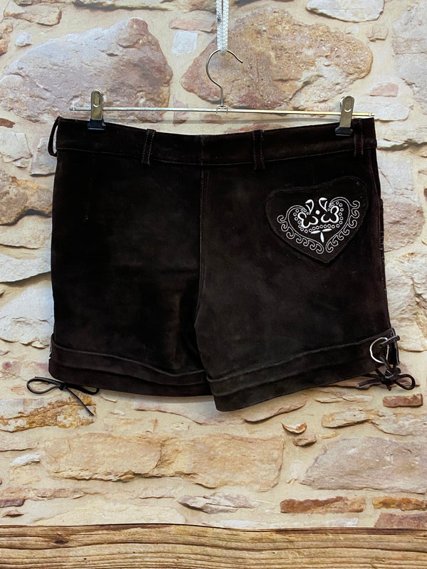 Kurze Vintage Damen Lederhose Braun bestickt – Gr. L