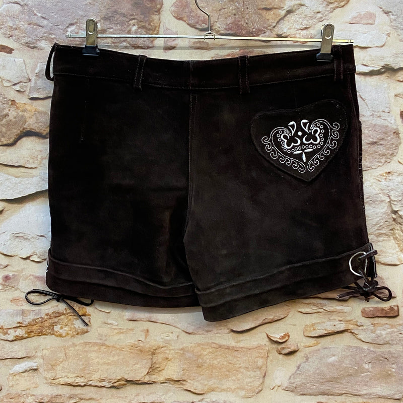 Kurze Vintage Damen Lederhose Braun bestickt – Gr. L