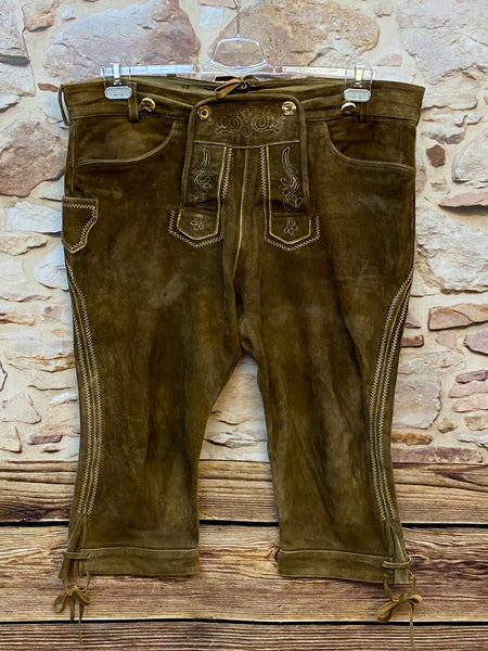 „Vintage Trachten Lederhose Herren olivbraun Kniebund mit Stickerei Vorderseite“