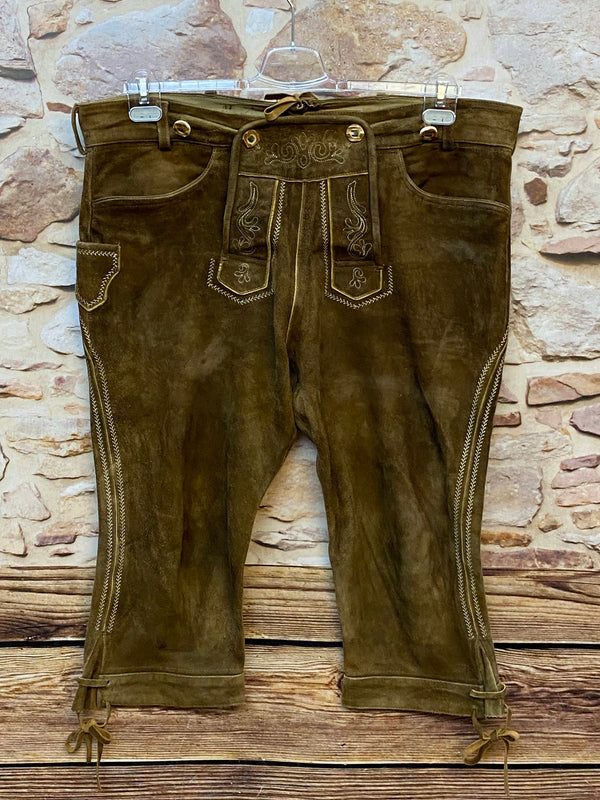 „Vintage Trachten Lederhose Herren olivbraun Kniebund mit Stickerei Vorderseite“