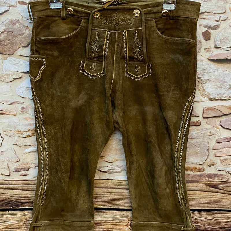 „Vintage Trachten Lederhose Herren olivbraun Kniebund mit Stickerei Vorderseite“