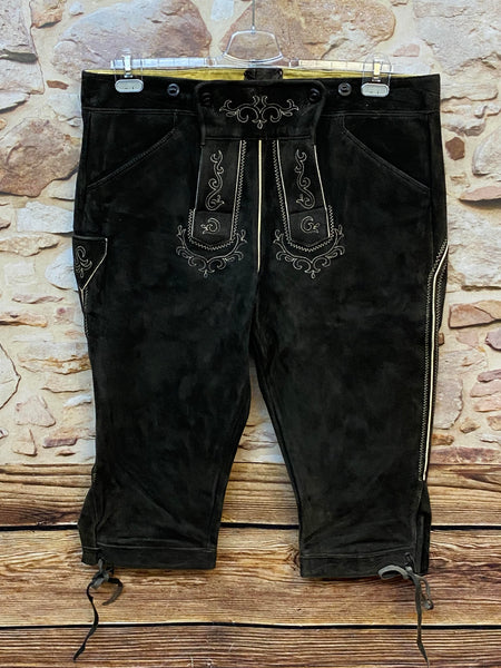 „Vintage Trachten Lederhose Herren dunkelbraun Kniebund Karl Klüber Vorderseite Stickerei“