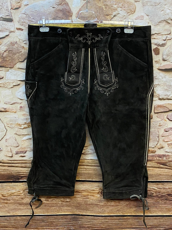 „Vintage Trachten Lederhose Herren dunkelbraun Kniebund Karl Klüber Vorderseite Stickerei“