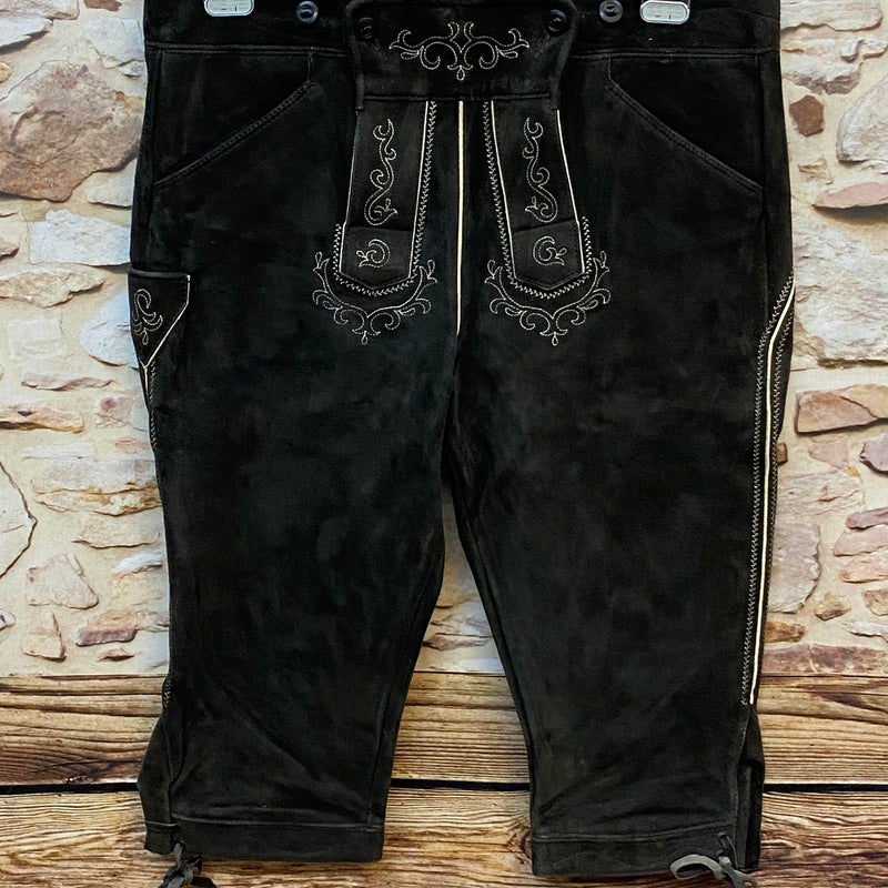 „Vintage Trachten Lederhose Herren dunkelbraun Kniebund Karl Klüber Vorderseite Stickerei“