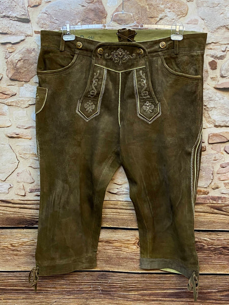 „Vintage Trachten Lederhose Herren olivbraun Donisl Kniebund Vorderseite Stickerei“