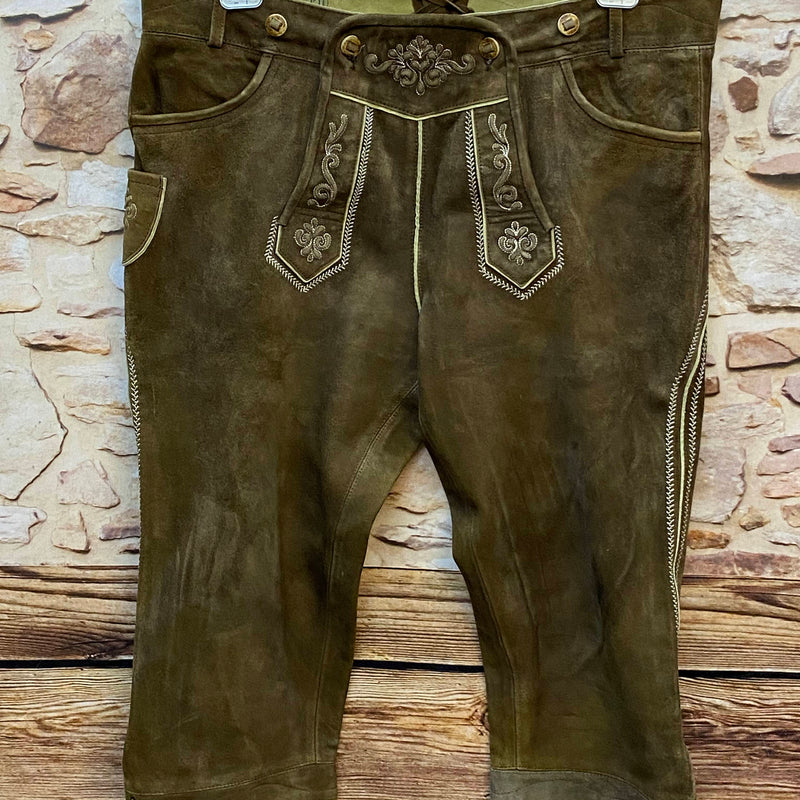 „Vintage Trachten Lederhose Herren olivbraun Donisl Kniebund Vorderseite Stickerei“