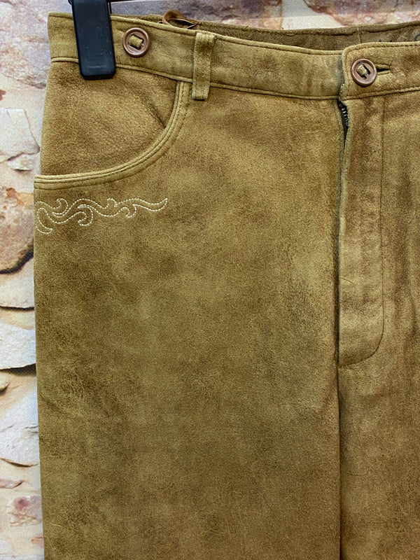 Braune lange Lederhose Gr. 26 mit Trachtenstickerei und seitlicher Zierborte