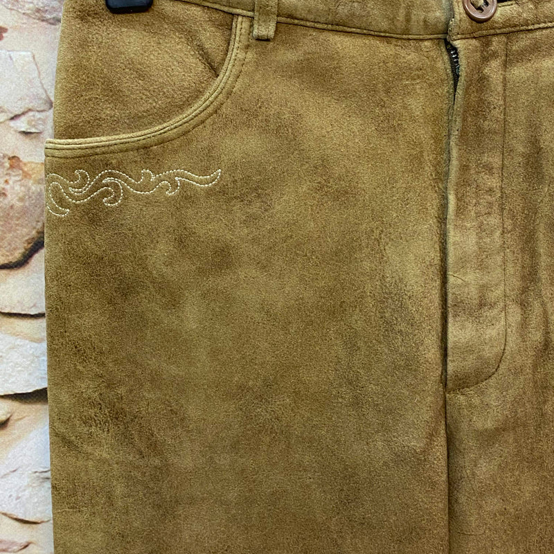 Braune lange Lederhose Gr. 26 mit Trachtenstickerei und seitlicher Zierborte