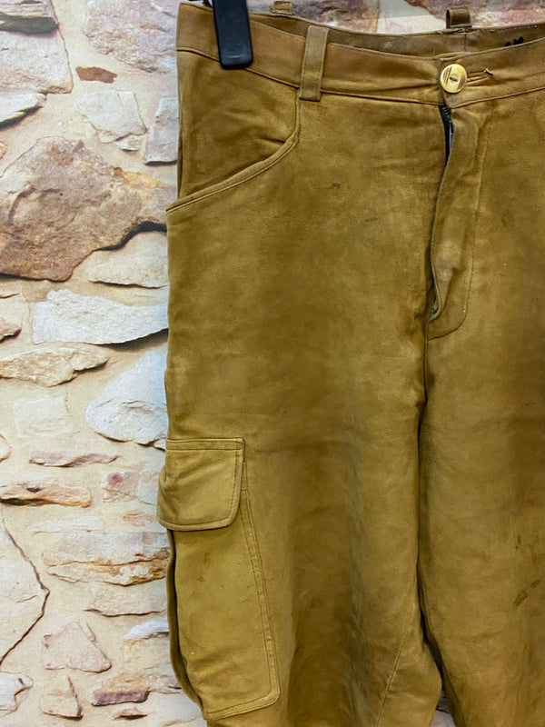 „Lange Lederhose Trachtenhose Größe 48 aus echtem Leder in olivbraun mit Beintaschen Ansicht 1“