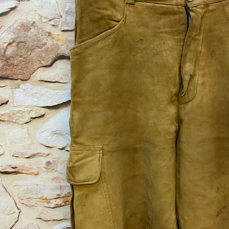 „Lange Lederhose Trachtenhose Größe 48 aus echtem Leder in olivbraun mit Beintaschen Ansicht 1“