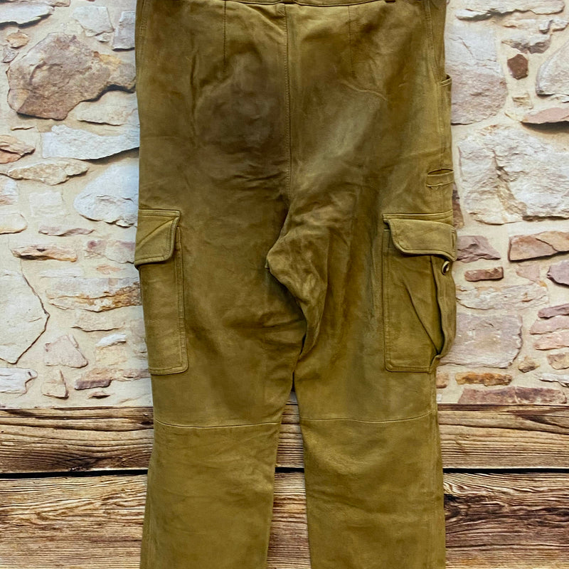 „Lange Lederhose Trachtenhose Größe 48 aus echtem Leder in olivbraun mit Beintaschen Ansicht 4“